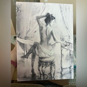 Overstock Black and white canvas of naked woman on stool in bathroom, brand new